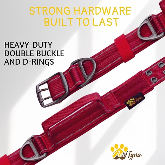 ADITYNA Heavy Duty Dog Collar for Extra-Large Dogs - Reflective Burgundy Collar with Handle for Training, and Walking - Wide, Thick, Tactical, Soft Neoprene Padded