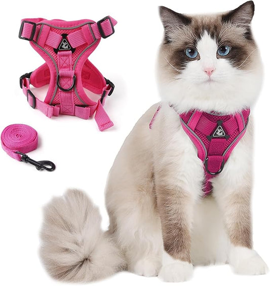 Cat Harness and Leash Set for Small Cat Kitten, Upgraded Escape Proof Adjustable Vest with Lead for Outdoor Walking, Soft Breathable Mesh Jacket with Reflective Stripes for Night(S, Pink)
