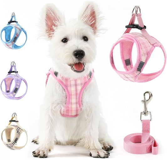 voopet Small Dog Harness and Leash Lightweight Cat Comfort Padded Soft Mesh Vest Step in Dog Harness No Pull No Choke Reflective Small Plaid Girl & Boy Puppy Kitty Walking Harness, Pink L