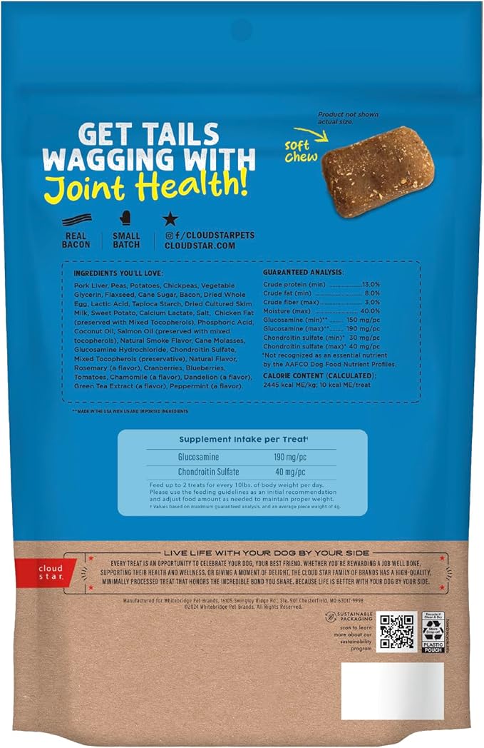Cloud Star Dynamo Dog Soft Chews Hip & Joint Grain Free Dog Treats, Bacon & Cheese, 14 oz. Pouch