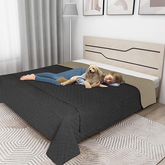 Easy-Going 100% Waterproof Dog Bed Cover Reversible Leak Proof Couch Cover Washable Sofa Cover Furniture Protector Blanket for Pets Kids Children Dog Cat (96x90 Inch, Dark Gray/Beige)