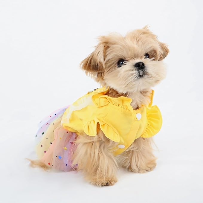 Dog Lace Dress,Dog Dress for Small Dogs,Back Traction Buckle,Dog Clothes,Cat Apparel,Pet Skirt,Yellow,L