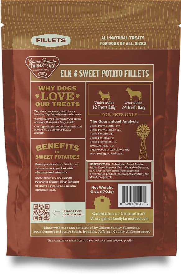 Gaines Family Farmstead Elk & Sweet Potato Dog Treats – 6 oz Natural, High-Protein, Grain-Free, Limited Ingredient Soft Chews for Gut Health and Sensitive Stomachs, Made in USA