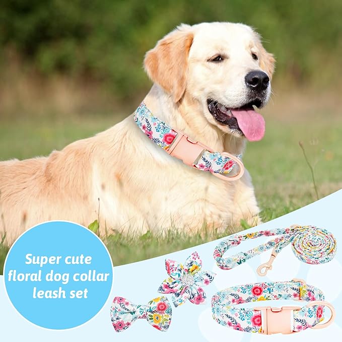 Dog Collar and Leash Set Girls Adjustable Puppy Collars with Floral Bow Tie for Small Medium Large Female Dogs, Teal Flower, M
