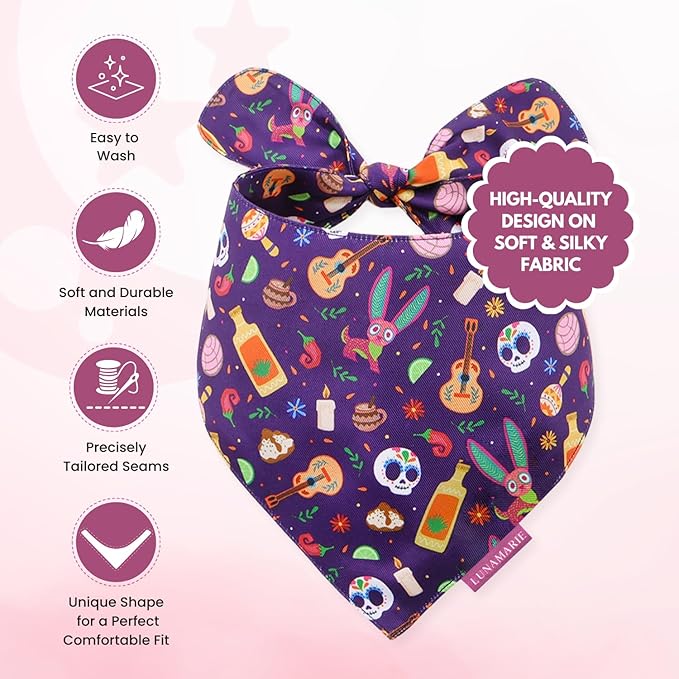 Luxury Dog Bandanas - Dia De Los Muertos Design | Premium & Silky Poly Fabric | 100% Handmade | Custom Shape Dual Layered Small, Medium, Large Cat Scarf (Day of The Dead, Medium)