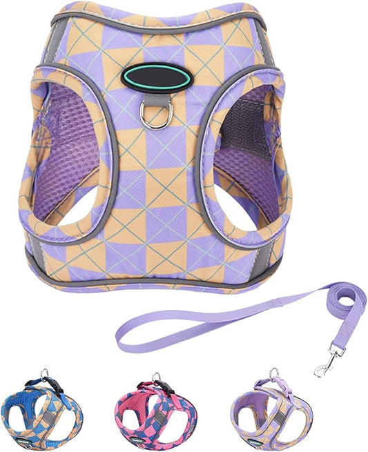 Step in Dog Harness and Leash Set, Plaid Adjustable Easy Walk Puppy Harnesses, Soft Mesh Pet Vest Harness Small Size Dog Adjustable No Pull Dog Harness for Small Medium Dogs(Yellow Purple, XS)
