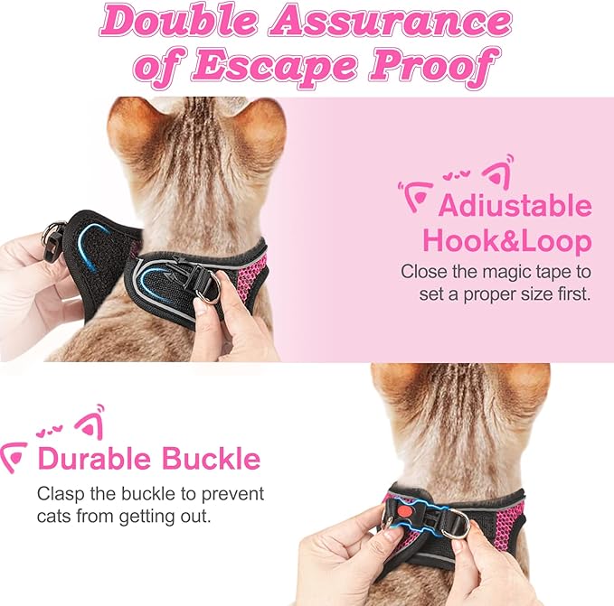 Cat Harness and Leash for Walking Escape Proof, Adjustable Kitten Vest Harness Reflective Soft Mesh Puppy Harness for Outdoor, Comfort Fit, Easy to Control (Pink, XXS)