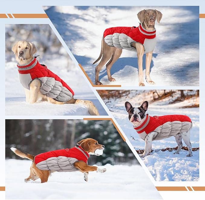 Winter Dog Coat,Large Dog Jacket,Waterproof Pet Jacket with Back Zipper,Pet Coat with Harness Built in,Warm Dogs Coat with Fleece Lined, Snow Jacket Clothes French Bulldog Shiba Inu,Red,L