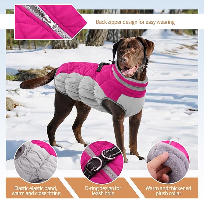 Winter Dog Coat,Large Dog Jacket,Waterproof Pet Jacket with Back Zipper,Pet Coat with Harness Built in,Warm Dogs Coat with Fleece Lined,Snow Jacket Clothes French Bulldog Shiba Inu,Rose Red,L