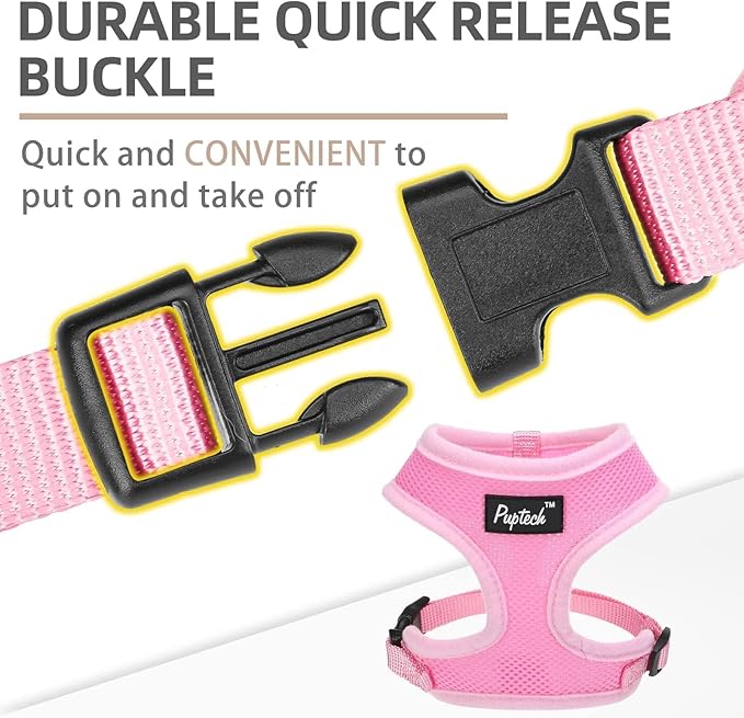 PUPTECK Soft Mesh Dog Harness and Leash Set Pet Puppy Cat Comfort Padded Vest No Pull Harnesses, Solid Pink, L