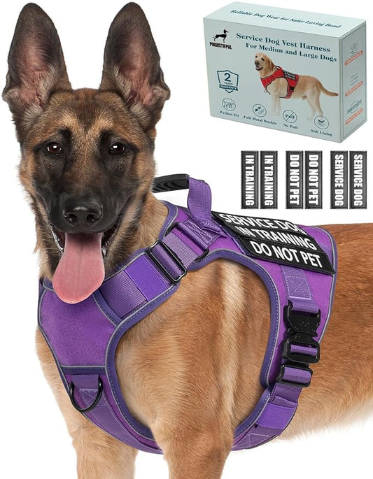 Reflective Service Dog in Training Vest Harness for Medium Large Dogs, Adjustable Heavy Duty Padded Purple Dog Harness, with Front Clip and Metal Buckles Do Not Pet for Training, Hiking