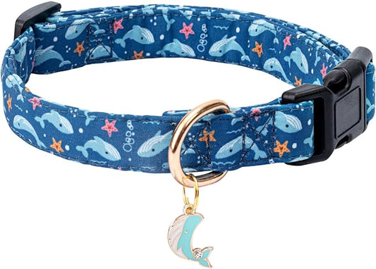 Cotton Dog Collar,Adjustable Cute Puppy Collar with Moon Patterned Design for Small Medium Large Dogs,Soft and Fancy Pet Collar with Safety Buckle for Girl Boy Dogs (Blue Whale, L)