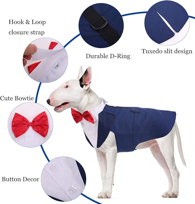 QBLEEV Tuxedo for Large Dogs, Suit and Bandana Set, Wedding Outfit With Bow Tie, Formal Tux Costume for Halloween Christmas Birthday Party Cosplay, Blue L
