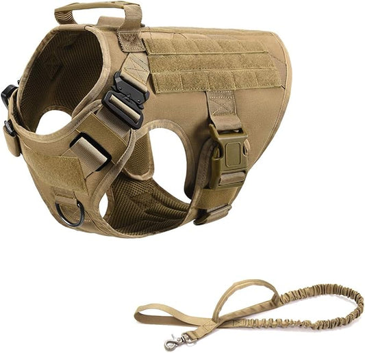 Tactical Dog Harness Vest with Handle Military Working Training Molle Vest with Metal Buckles & Loop Panels for Large Dogs for Walking Hiking Hunting Training Free Bungee Dog Leash (Brown XL)