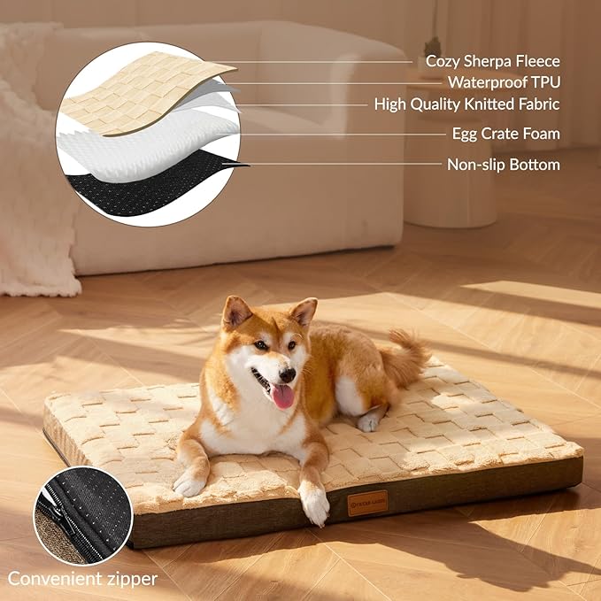 Patas Lague Orthopedic Jumbo Dog Bed for Extra Large Dogs 56''X40'', Waterproof Soft Warm Comfortable Egg Crate Foam Jumbo Pet Beds Mat with Removable Washable Cover and Nonskid Bottom, Brown