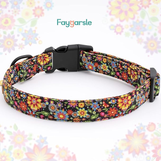 Faygarsle Floral Dog Collar for Girls and Female Dogs Soft and Fancy Pet Collar with Flower Design Ideal Black Dog Collar for Small Medium Large Dogs M