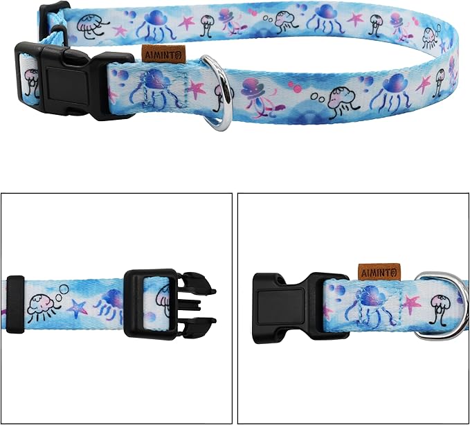Dog Collar, Cute Jellyfish in Ocean Pattern, Soft and Adjustable Collar with Quick Release Buckle (XS (Neck 9-13", Width 3/8"), Ocean Blue)