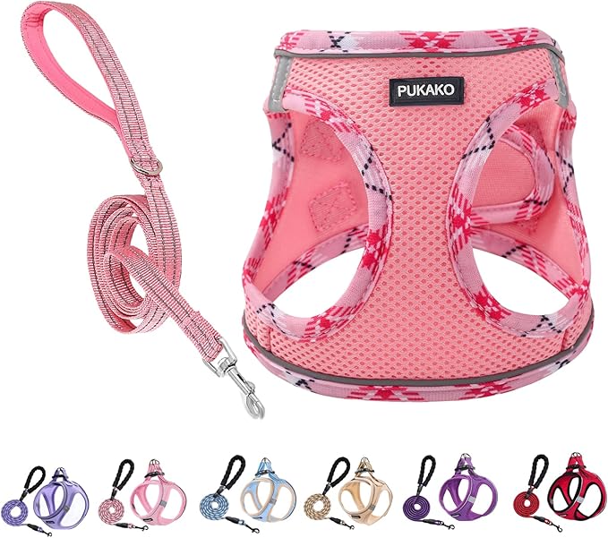 Puppy Harness and Leash Set, Small Dog Harness and Leash Set, Step in Small Size Harness with Soft Mesh and Reflective Bands for Extra-Small/Small Dogs, Pink, XS, Pink(Plaid)