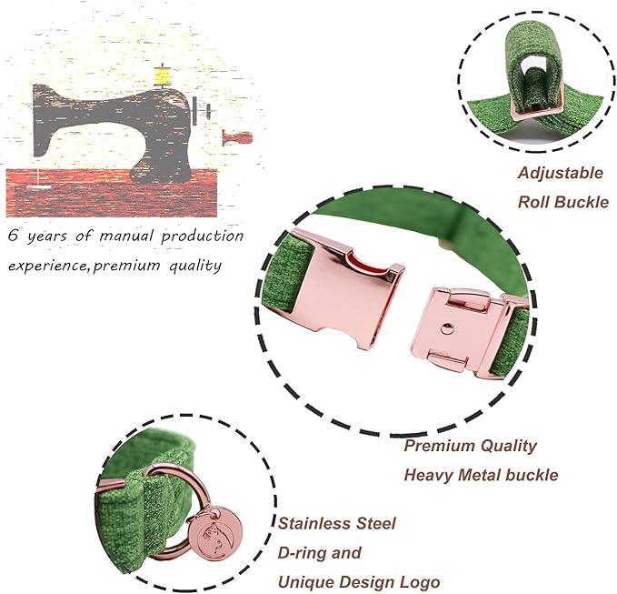 DOGWONG Hemp Cotton Dog Collar with Bow Green Pet Collar Durable Adjustable Puppy Collar for Small Medium Large Dogs