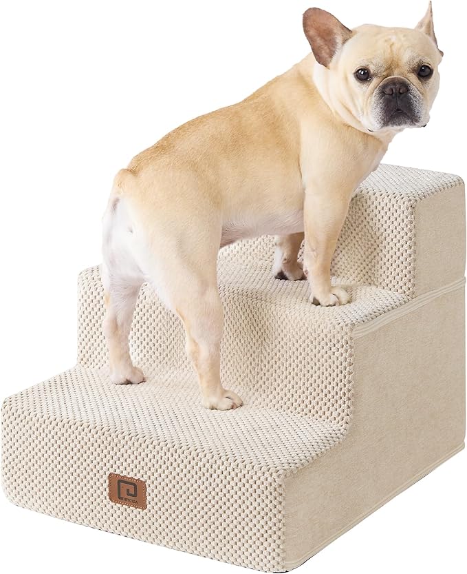EHEYCIGA Dog Stairs for Small Dogs 13.5" H, 3-Step Dog Steps for Couch Sofa and Chair, Pet Steps for Small Cats, Non-Slip Balanced Pet Ramp Indoor, Beige