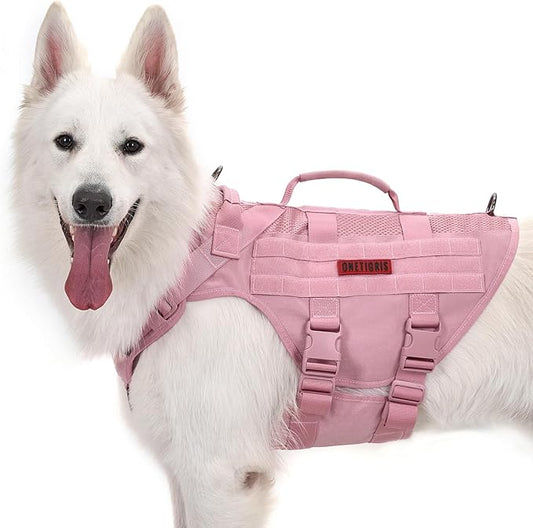 OneTigris Tactical Dog Harness for Small Dog, No Pull Vest with Handles, Breathable Military Dog Molle Vests, Harness for Walking Hiking Training (Pink, X-Large)