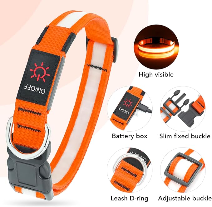 Vizpet LED Dog Collar, Light Up Dog Collar Adjustable USB Rechargeable Super Bright Safety Light Glowing Collars for Dogs(Large,Orange)