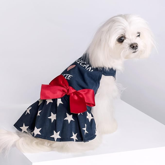 Fitwarm 100% Cotton 4th of July American Cutie Dog Clothes Memorial Day Dog Outfits Patriotic Dresses Doggie Dress Pet Cat Apparel Blue XS