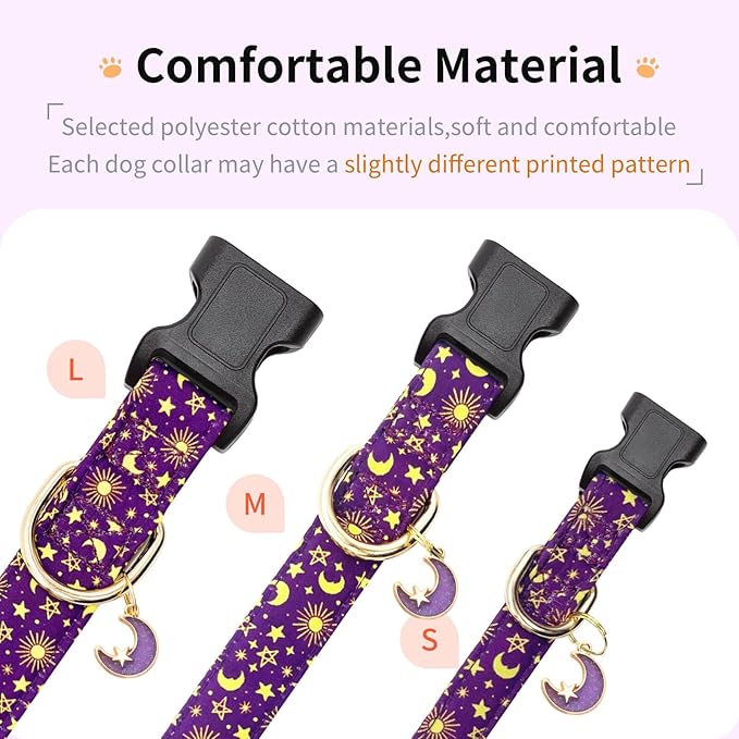 Cotton Dog Collar,Adjustable Cute Puppy Collar with Moon Patterned Design for Small Medium Large Dogs,Soft and Fancy Pet Collar with Safety Buckle for Girl Boy Dogs (Purple Moon, S)