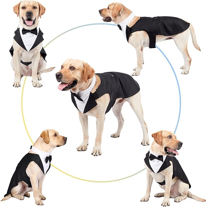 Segarty Dog Tuxedo and Bandanas Suit Formal Wedding Costume, Adjustable Pet Collar with Black Bow Tie, Detachable Dogs Shirt Bandanas Set for Extra Large Dog Prince Outfit Birthday Cosplay Attire