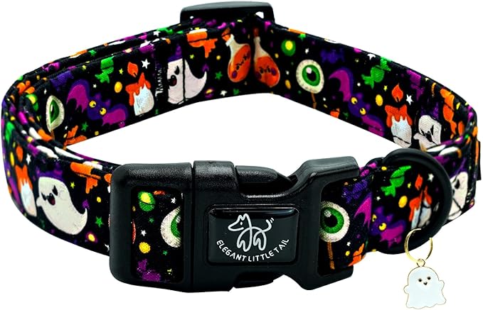 Elegant little tail Halloween Dog Collar, Ghosts Print Fall Male Cute Puppy Adjustable Cotton Pet Collar with Quick Release Buckle for Small Medium Large Dogs
