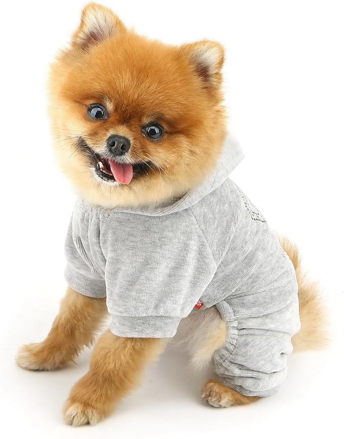 SELMAI Girl Dog Clothes for Small Dogs Cute Doggie Outfits Rhinestone Crown Stretchy Puppy Pajamas Soft Velvet Hoodie 4 Legged Jumpsuit Lightweight Pet Tracksuit Cat Apparel Leash Hole