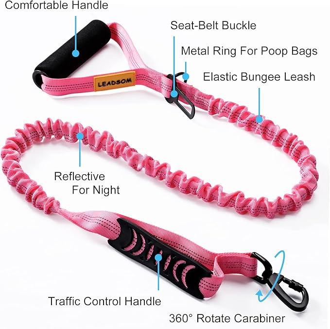 6FT Highly Reflective Heavy Duty Elastic Bungee Medium and Large Dog Leash Shock Absorbing with Comfortable Padded Handle and Traffic Handle Suitable for Training