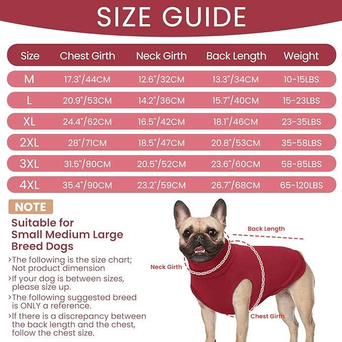 ROZKITCH Dog Sweaters Soft Fleece Pullover Sweatshirt Pajamas, Turtleneck Warm Pet Cold Weather Jacket Stretchy Vest Jumpsuit Apparel Outfit Clothes for Small Medium Large Dogs Walking Sleep Red L