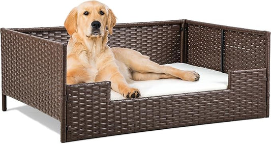YITAHOME Rattan Dog Sofa Bed with Cushion,Wicker Pet Bed Sofa Couch Indoor Outdoor Water Resistant for Large Medium Small Dogs Cats (38.6''L*26.4''W*15''H,Beige)