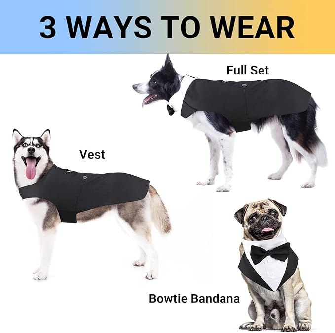 Segarty Dog Tuxedo and Bandanas Suit Formal Wedding Costume, Adjustable Pet Collar with Black Bow Tie, Detachable Dogs Shirt Bandanas Set for Extra Large Dog Prince Outfit Birthday Cosplay Attire