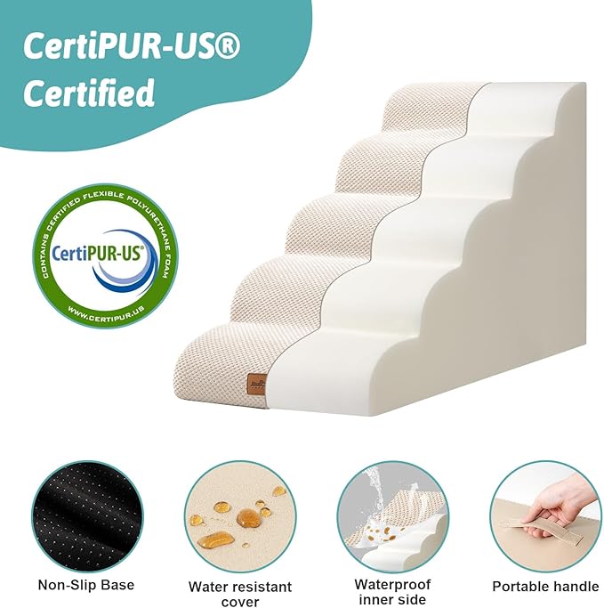 Dog Stairs for High Bed 22.6" H, Small Dog Step for Puppy, Older or Cat, Curved Ramp for Car, Ladder with High Density Foam, Lightweight, Durable, 15.7x33x22.6 inch, 5 Step, Beige
