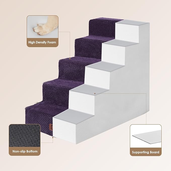 EHEYCIGA Dog Stairs for High Bed 22.5”H, 5-Step Dog Steps for Bed, Pet Steps for Small Dogs and Cats, Non-Slip Balanced Pet Ramp Indoor, Purple