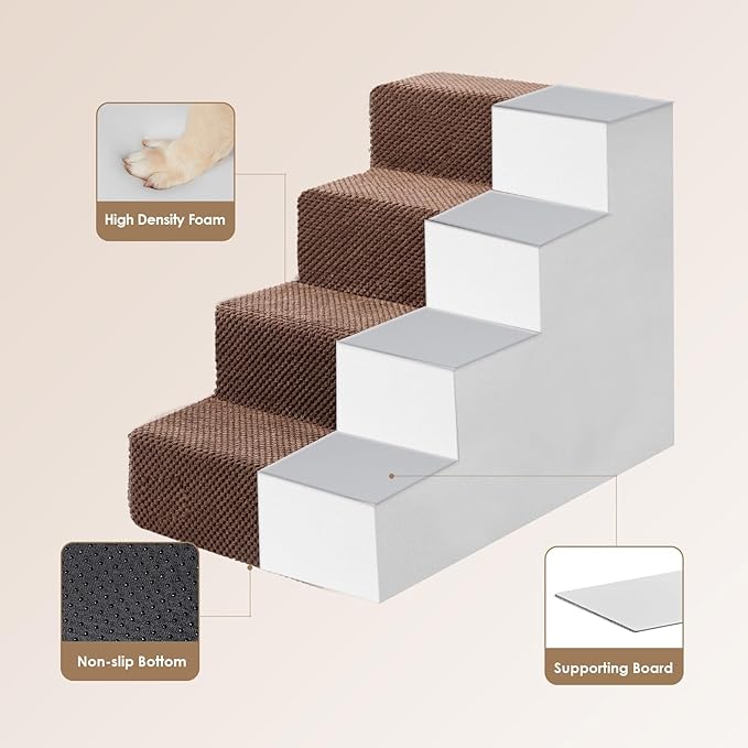 EHEYCIGA Dog Stairs for Bed 18”H, 4-Step Dog Steps for High Bed, Pet Steps for Small Dogs and Cats, Non-Slip Balanced Pet Ramp Indoor, Brown