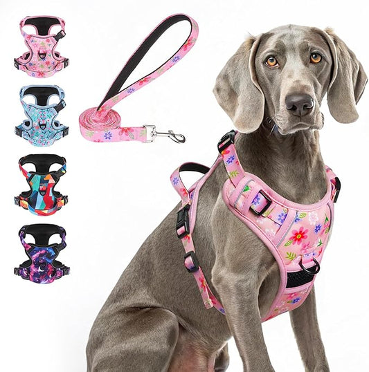 BEAUTYZOO No Pull Dog Harness Large,Adjustable Dog Harness and Leash Set -Easy Wearing with 3 Buckles/Control Handle,No Choke Soft Padded Reflective Pet Vest for Training Walking Hiking,Pink XL