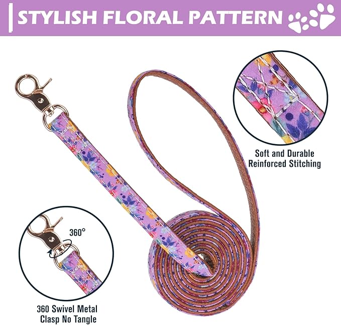 EXPAWLORER Puppy Collar and Leash Set - Embroidery Floral Dog Collar and Dog Leash Set, Cute Flower Bow Tie and Bandana Dog Collar with Bell, Collar and Leash for Dogs Cats Outdoor Walking, Purple S