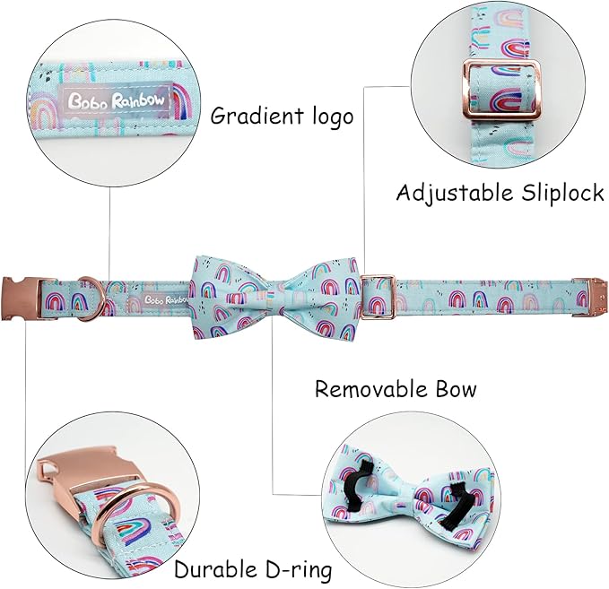 Dog Collar, Summer Rainbow Print Adjustable Dog Bow Collar Girl or Boy Pet Collar Bowtie Duarble Collars for Small Medium Large Dog