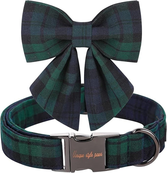Unique style paws Christmas Dog Collar with Bow Tie Green Plaid Puppy Collar for Small Medium Large Dogs as Autumn Winter Pet Gifts-XS