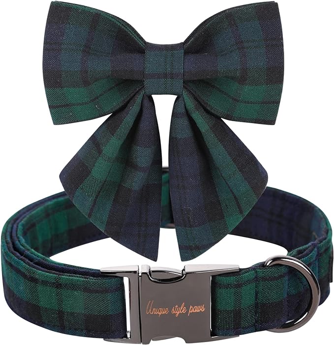 Unique style paws Christmas Dog Collar with Bow Tie Green Plaid Puppy Collar for Small Medium Large Dogs as Autumn Winter Pet Gifts-XL