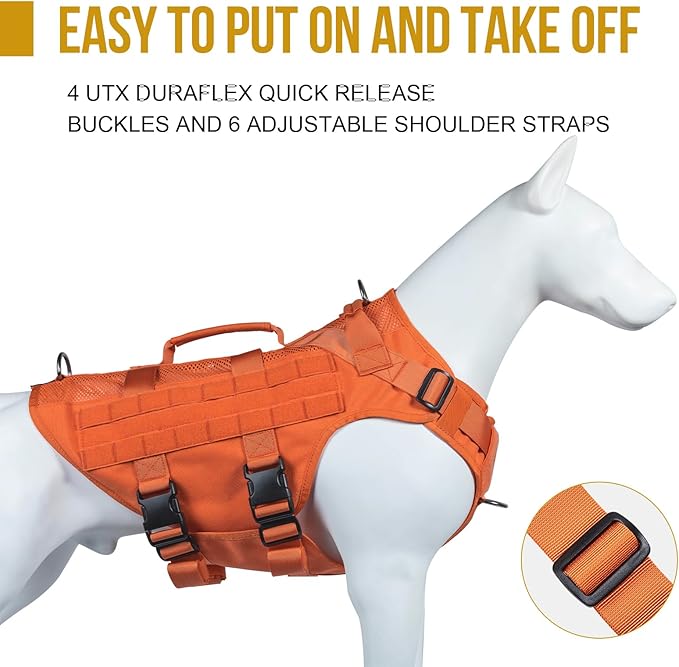 OneTigris Tactical Dog Harness for Small Dogs, No Pull Vest, Breathable Military Molle Vest with Handles for Walking Hiking Training (Orange, XS)