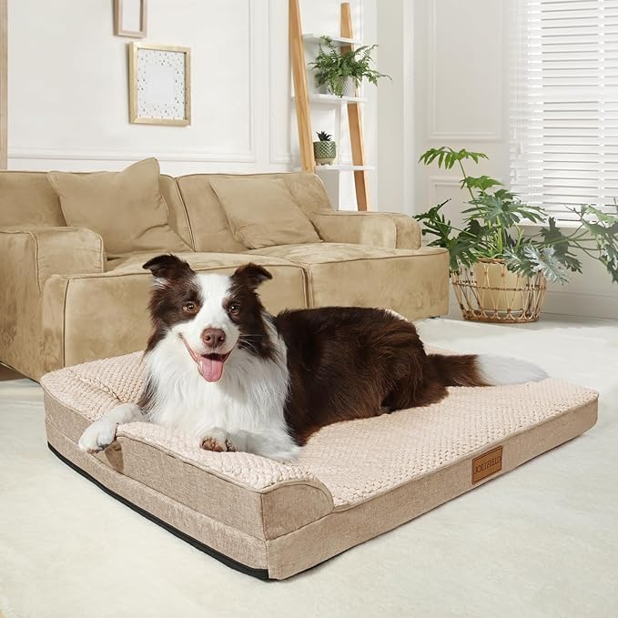 Orthopedic Jacquard Dog Bed for Medium Dogs, Waterproof L Shaped Medium Pet Sofa Bed with Washable Removable Cover, Non-Slip Soft Warm Comfortable Pet Couch Sleep Mat, 30''X20'' Ivory