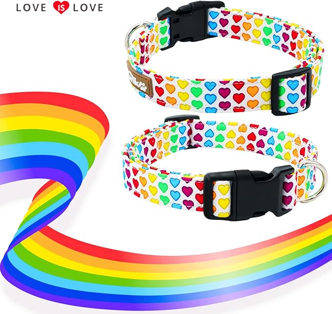 Tunkoo Pride Dog Collar with Colorful Heart, Cute Adjustable Premium Cotton Collar Durable Plastic Buckle for Valentines Day Small Medium Large Boys Girls Dogs, M