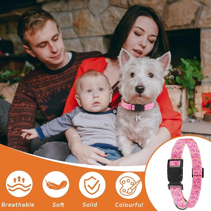 Dog Collar, Cute Floral Puppy Collar for Boys Girls Small Medium Large Dogs, Adjustable Soft Pet Collar Fancy Floral with Quick Release Buckle for Males Females, Pink Rose,XS