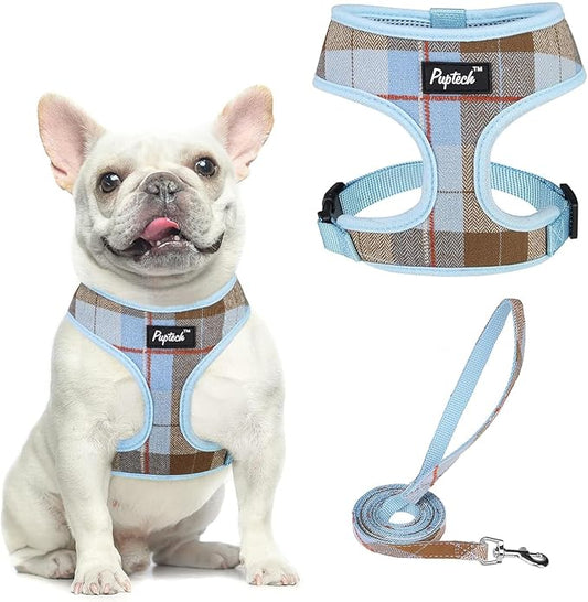 PUPTECK Soft Mesh Dog Harness and Leash Set Pet Puppy Cat Comfort Padded Vest No Pull Harnesses, Blue&Brown, L