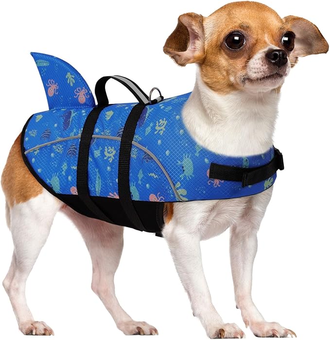 Queenmore Medium Dog Life Jacket, Dog Life Vest for Swimming with Shark Fin, Ripstop Dog Lifevests for Boating with Handle/Leash Hook, Pet Safety Water Vest for French Bulldogs Dachshunds (Prints,M)