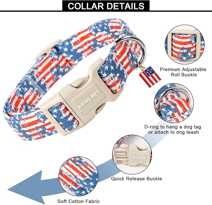ARING PET 4th of July Dog Collar-Cute Patriotic Dog Collars, Adjustable American Flag Pet Collars Puppy Collar with Quick Release Buckle
